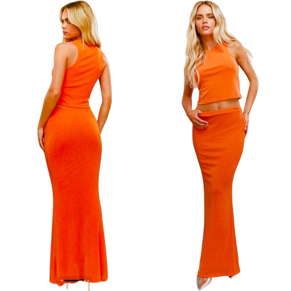NWT Fiery Orange Missguided Crop Tank With Fishtail Skirt 2 Piece Set Size Small